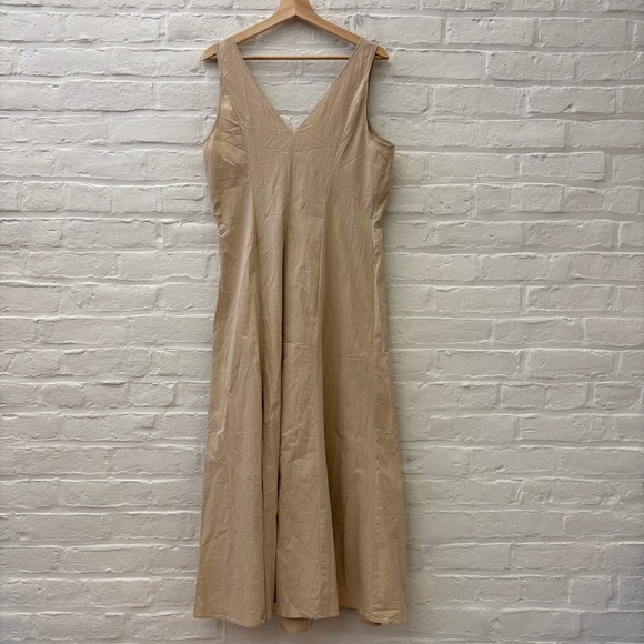 Anthropologie || Sleeveless V-Neck A-Line Dress Seamed Midi Tan 14 - Picture 5 of 9